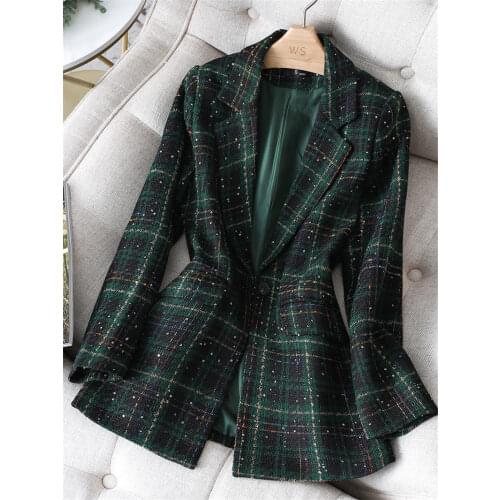 Green Plaid Suit Jacket Female Korean Version 2021 Spring And Autumn New Temperament Fashion Retro Casual Women Blazer Coat L15