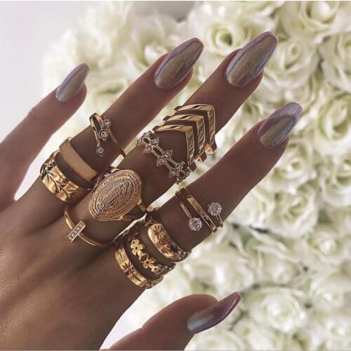 Tocona Women Punk Gold Color Flower Virgin Mary Crystal Gem Leaf Hollow Midi Knuckle Rings Set Boho Geometric Rings Gift A20204