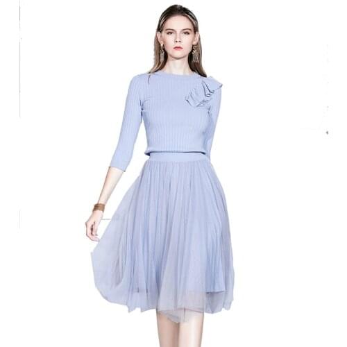 2019 New Autumn Runway Knit 2 Piece Set Skirt Designer Winter Women Blue Kntted Sweater+ Mesh Pleated Skirt Matching Suits Sets