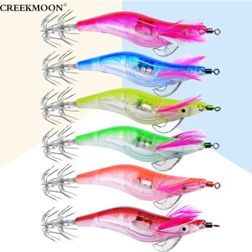 6pcs/set 10cm 12.2g Flashing LED Electronic Luminous Shrimp Squid Jigs Fishing Lures Flash Light 2.5# Hook Night Lure Bass Baits