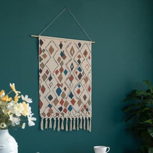 Bohemian Cotton Linen Tapestry with Tassel Handmade Nodic Style Home Decor Geometric Wall Door Hanging