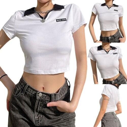 Women’s Summer Short Sleeve T-shirt Fashion Letter Embroidery Slim Fit Exposed Navel Tops Casual Lapel Crewneck Tees