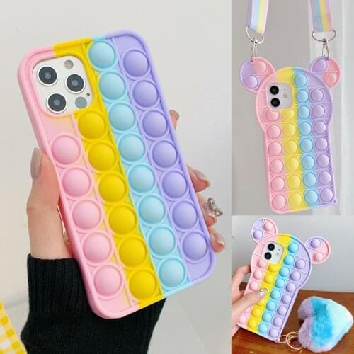 Fashion Rainbow Reliver Stress Push It Bubble Case With Strap for iphone 11 12 Pro Max X XS XR 7 8 Antistress Sensory Game Cover