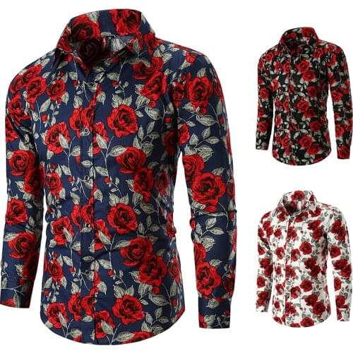 2021 Spring Autumn Men Slim Floral Print Long Sleeve Shirts Fashion Brand Party Holiday Casual Dress Flower Shirt Homme Plus