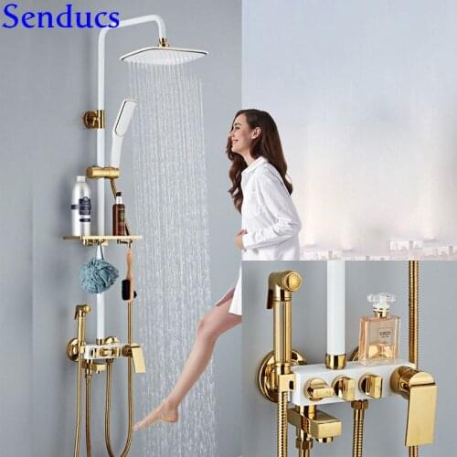 Senducs White Gold Shower Set Quality Brass Thermostatic White Gold Bathroom Shower System Luxury Brass Bath Shower Faucet