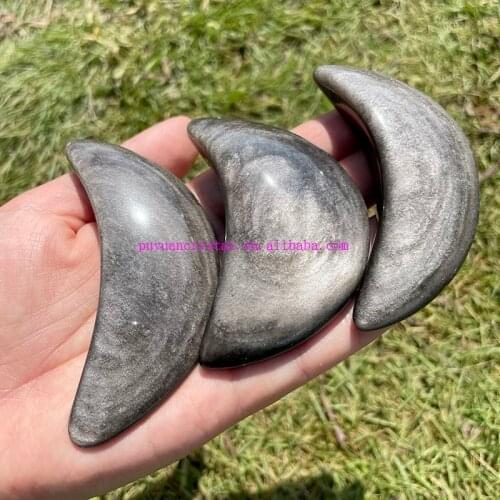 Natural Crystal Moon Quartz Figurine Carved Silver Obsidian Palm Stone Healing Crystals Meditation Room Decoration Spirit Gift