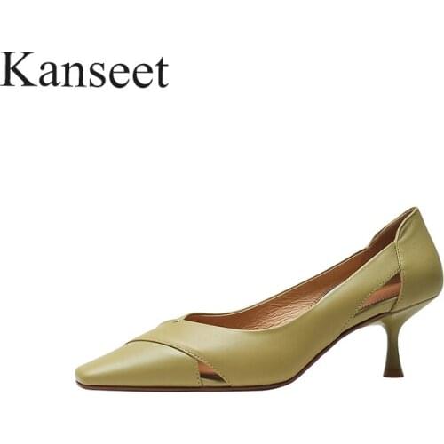 Kanseet 2021 New Womens Pumps Spring Autumn Genuine Leather Square Toe Elegant Handmade Footwear Shallow 6cm High Heels Shoes