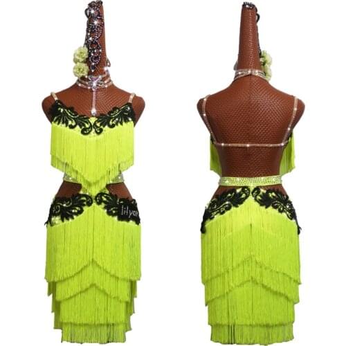 New Latin Dance Dress Competition Dress Latin Tassels Dress Fluorescent Yellow Dance Dress Skirt Costumes Skirt Black Embroider