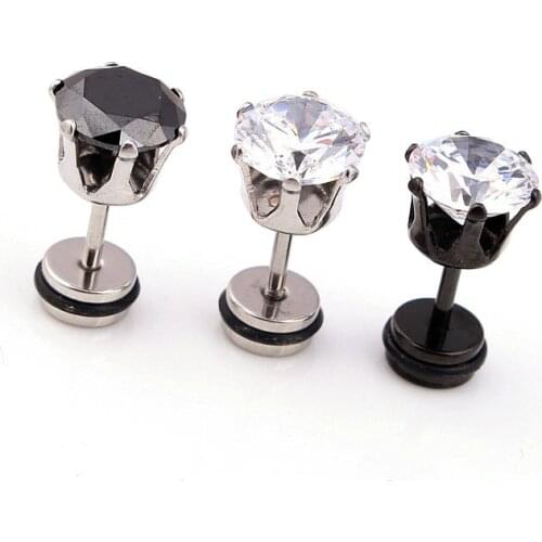 New high quality 8mm cubic zircon clear/black crystal stainless steel stud earrings ear plug earrings body piercing jewelry