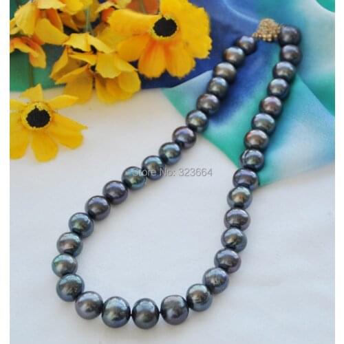Big 15mm black round Freshwater cultured pearl necklace 17inch