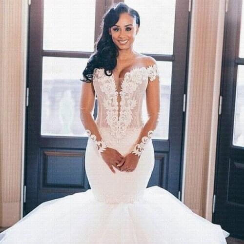 Sheer Skirt African Mermaid Wedding Dresses 2020 Sexy Long Sleeves Arabic Bridal Gowns