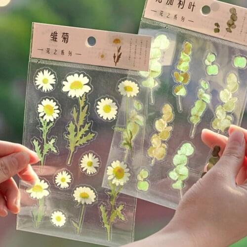 1Pack Flowers Leaves PET Stickers Transparent 12 Designs Album Diary Scrapbooking Supplies Scrapbook Decoration Materials Decals