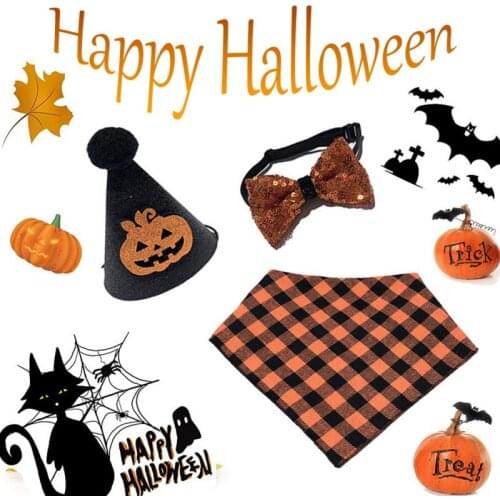 Halloween Pet Dog Cat Adjustable Collar And Hat Halloween Cute Pumpkin Print Pet Supplies Puppy Ties