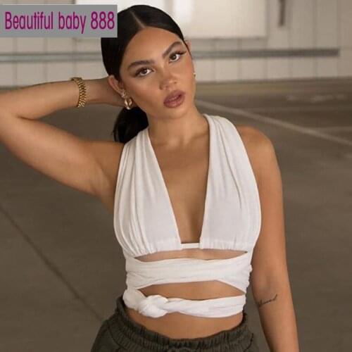 Meqeiss sexy elegant bandage hollow out crop tops for women camisole summer street casual wear white cotton tank top tee female