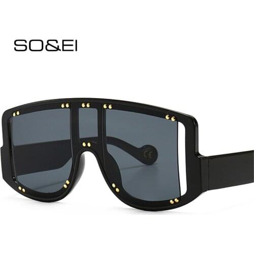 SO&EI Vintage Oversized Square One Piece Sunglasses Luxury Women Brand Designer Rivets Decorative Gradient Eyewear Men Shades