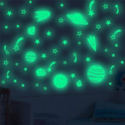 Vacclo Luminous Moon Dot Star Spaceship Rocket Cartoon Fluorescent Stickers Childrens Room Self-adhesive Luminous Wall Stickers