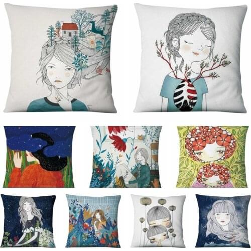 Home Pillow Decoration Nordic Literary Girl Comics Print Pillowcase Square Pillow Cushion Decorative Pillows Sofa Throw Pillow