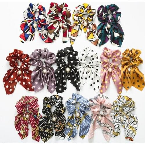2021 Women Chiffon Bowknot Silk Hair Scrunchies Pearl Ponytail Holder Hair Tie Hair Rope Rubber Bands Headwear Hair Accessories
