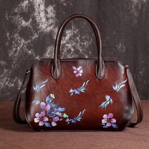 Female Genuine Leather Hand Painted Retro Luxury Handbags 2021 Winter Women Bag Large Capacity Floral Shoulder Crossbody Bags