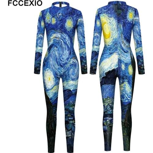 FCCEXIO Womens Tight Jumpsuits Van Gogh Star and Moon Night Paintings Cosplay Costumes Long Sleeve Catsuits Fashion Bodysuits