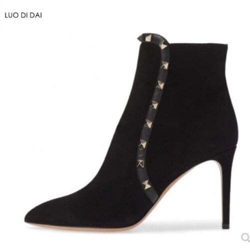 2020 new arrival autumn women slip on ankle boots women suede booties ladies point toe spike stud boots party shoes fashion