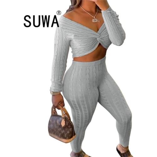 Tracksuit 2 piece set women fashion clothes knit long sleeve slim crop top tunic + high waist soft pants lounge wear