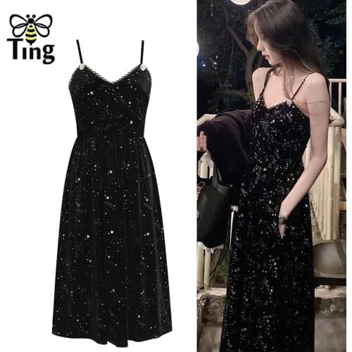 Tingfly Sexy Dark Velvet Luxury Glitter Star Party Night Dresses Women Strap Midi Long Clubwear Casual Street Chic Elbise Robes