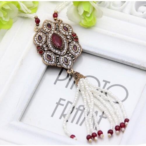 Classic Arabesque Bead Tassel Long Necklace Turkish Women Ethnic Jewelry Antique Gold Color Resin Pendant Necklace Ladies Gift