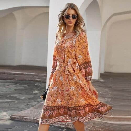 2021 Summer Floral Printed Dress Women Spring Bohemian Style Dress Sexy V - Neck Lady A-Line Vacation Beach Dresses
