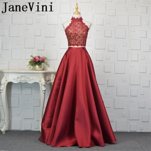 JaneVini Vestidos Burgundy Beaded Two Pieces Dress Mother of the Bride Dresses With Pockets Halter Sexy Evening Gowns Plus Size