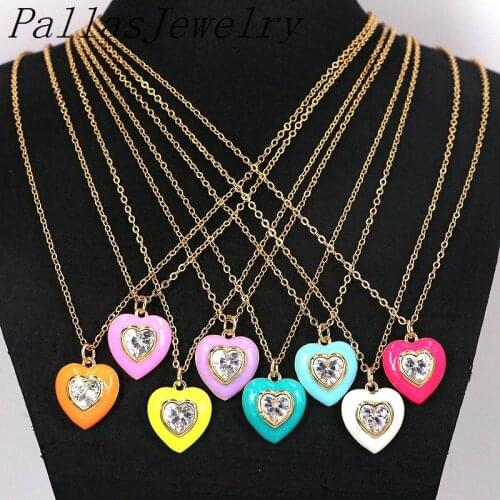 10Pcs Gold Micro Cubic Zircon Enamel Candy Heart Shape Necklace Charm Pendant Gift For Woman
