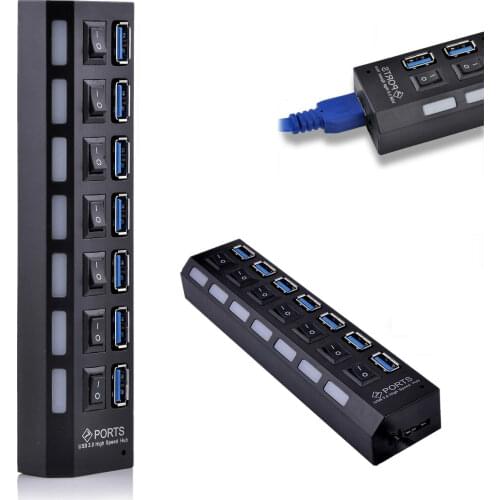 100pcs bundle package High Speed USB 3.0 7-Port Hub 5Gbps On/Off Switches AC Power Adapter for PC