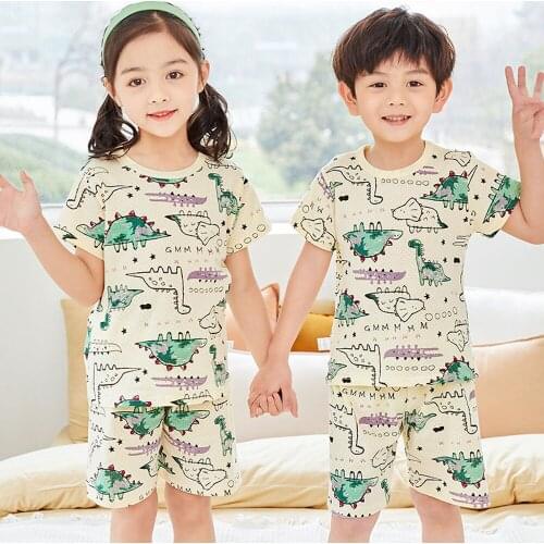 2021 Summer Boys and Girls Short Sleeve Dinosaur Pajamas Sets Childrens Sleepwear Teenage Boy Pajama Pyjamas Kids for 2-11 Year