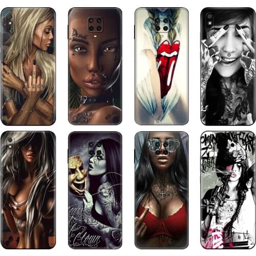 Black tpu Case For Xiaomi Redmi 7A 8 8A 9 9A 9C Case Redmi Note 8T 8 Pro T Note 9 9S 9 Pro Case Sexy Sleeve Tattooed Girl