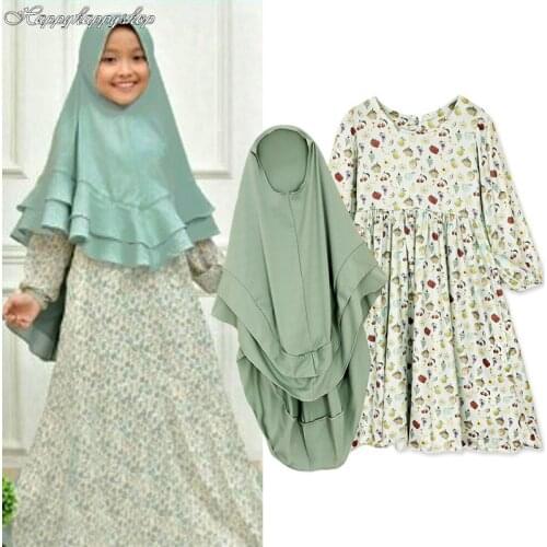 Children Outfits Ramadan EID Prayer Hijab Abaya Dress Islamic Muslim Girls Clothing Arab Kids Floral Burqa Robe Headscarf Shawls