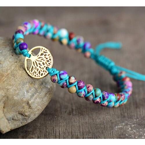 Men Women Bracelet Tree Charm Imperial Jaspers String Braided Bracelets Spiritual Friendship Lover Couples Meditation Bracelets