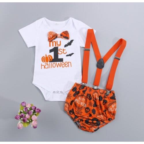 FOCUSNORM Halloween Infant Baby Boys Gentlemen Clothes Sets 2pcs Bow Letter Printed Short Sleeve Romper+Suspender Shorts 0-18M