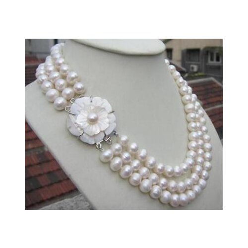Beautiful Three 9-10mm rows South Sea natural white pearl necklace 18-20 inch t
