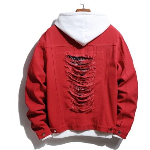 New Men Denim Jacket Hip Hop Casual Loose Outerwear Back Ripped Hole Patchwork Cowboy Jackets Male Fashion Slim jeans Coat