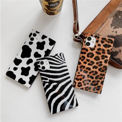 Square Right angle Phone Case For iPhone 12 11 Pro Max 12 Mini XR XS Max 8 7 Plus Leopard Cow Zebra Print Soft Back cover