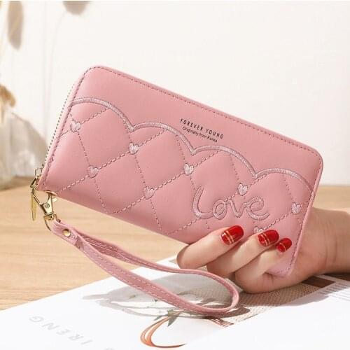 Love-Heart Embroidery Thread Women Wallets Fashion PU Leather Zipper Purses Simple Long Money Bag Ladies Wristband Clutch