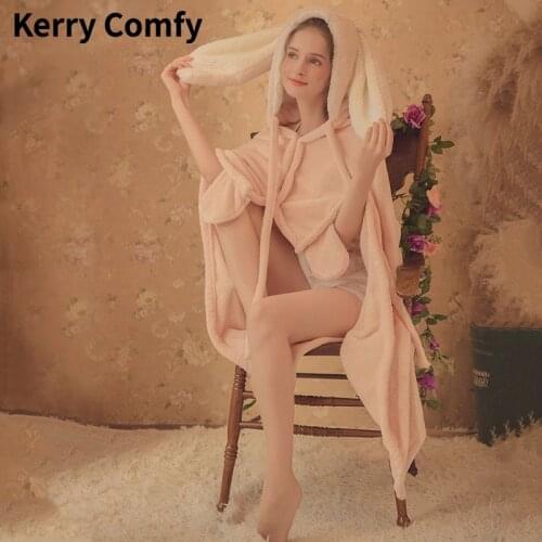 Cute Pink Comfy Blanket Sweatshirt Winter Warm Adults and Children Rabbit Ear Hooded Fleece Blanket Sleepwear Christmas Cloak