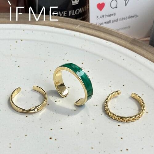 Trendy Minimalism Chain Adjustable Open Rings for Women Lady Girl Green Enamel Gold Color Metal Index Finger Ring Set Jewelry