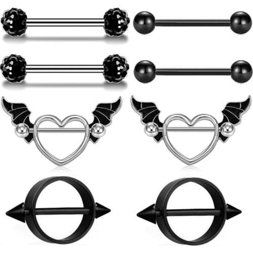 Stainless Steel Angel Wing Nipple Piercing Set 14G Heart Nipple Piercing Jewelry Bulk Charming Black Nipple Piercing Bar Body