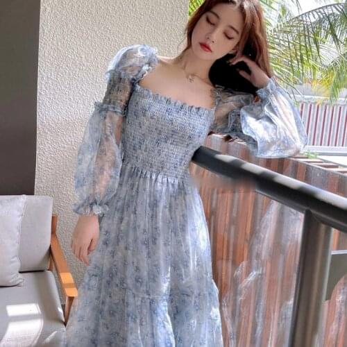 Summer Floral Dress Women Elegant Elastic Breast Wrapping Sweet Dress Female Long Puff Sleeve Party Midi Korean Dress 2021 New