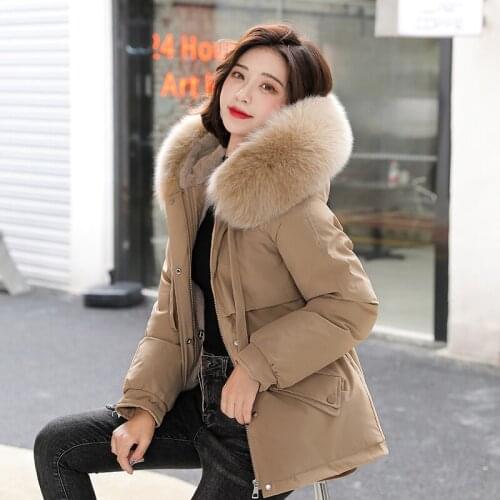 Plus Size Solid Womans Thick Coat with Fur Collar Winter Female Wool Liner Short Jacket Hooded Casual Loose Jacket with Pockets