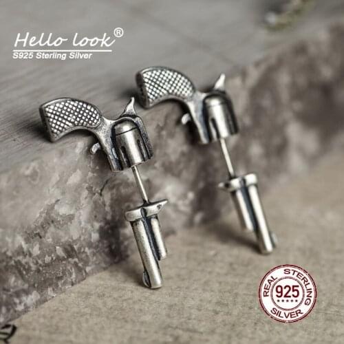 HelloLook 925 Sterling Silver 3D Pistol Stud Earring Creative Gothic Gun Shape Earring Fine Jewelry