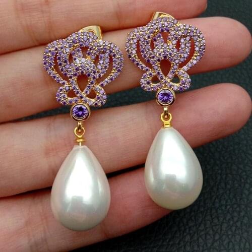 White Teardrop Sea Shell Pearl Gold color Plated Purple Cubic Zirconia micro pave flower Stud Earrings