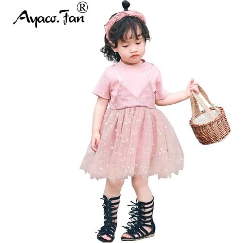 Girls Mesh Dresses 2019 Summer New Kids Short Sleeve T-shirt Voile Dress Fake 2Pcs for Clothing Sets Children Princess Dress