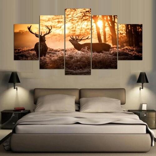 Modern Frame Canvas Wall Art Pictures Living Room Decor 5 Pieces Animal Elk Sunset Nature Landscape HD Printed Posters Paintings